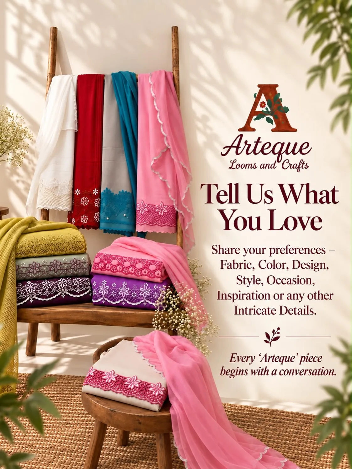 Tell Us What You Love: Fabric, colour, design, style, occasion, inspiration. Every Arteque piece begins with a conversation.
