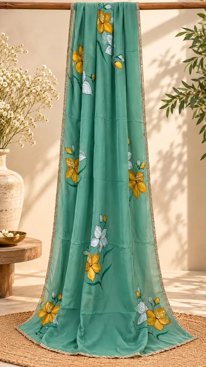 Teal Blossom, hand-painted