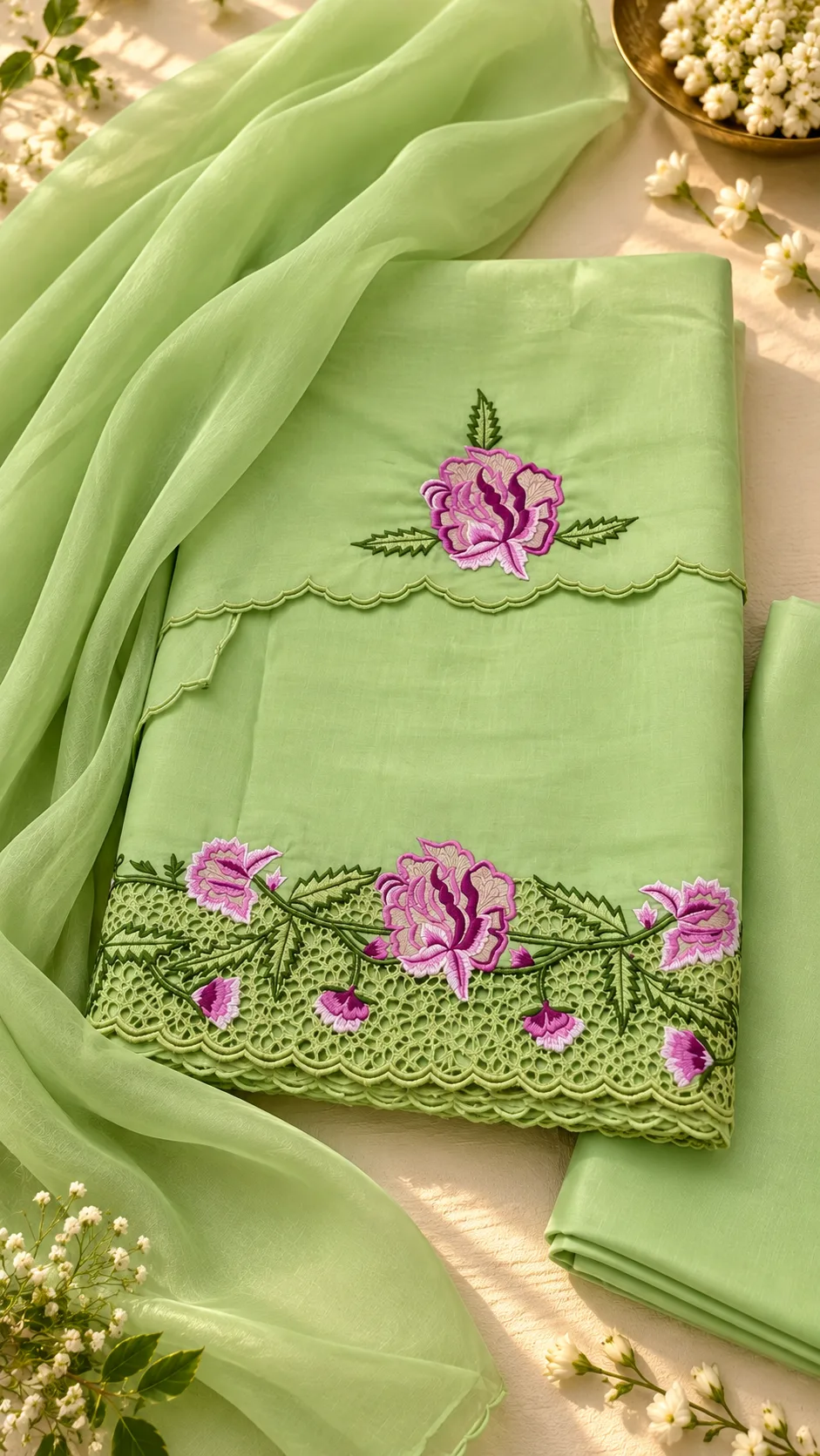 Meadow Bloom Cutwork Suit Set, hand-painted