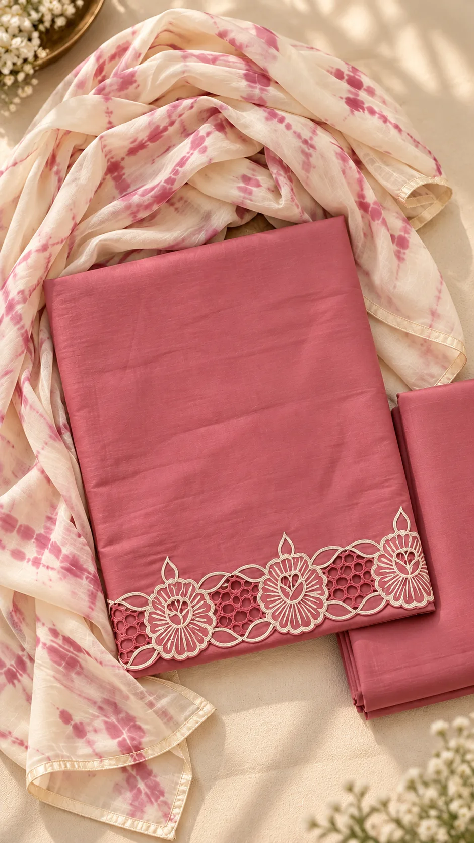 Rose Blush Floral Cutwork Suit Set, hand-painted
