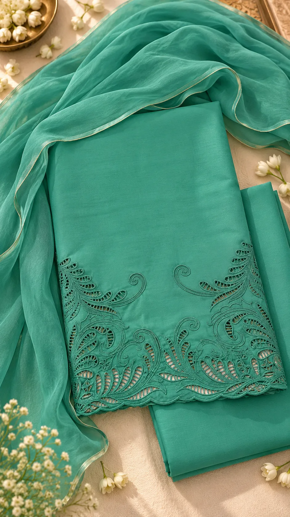 Teal Elegance Cutwork Suit Set, hand-painted